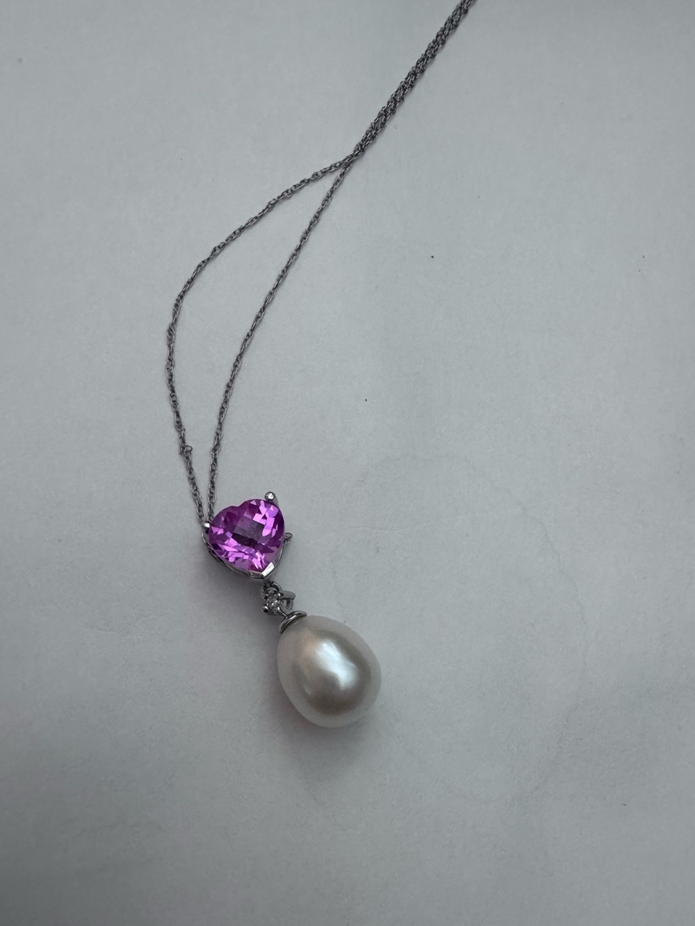 Fine jewelry 10k white gold necklace/pendant pink sapphire fresh water pearl - Picture 1 of 8